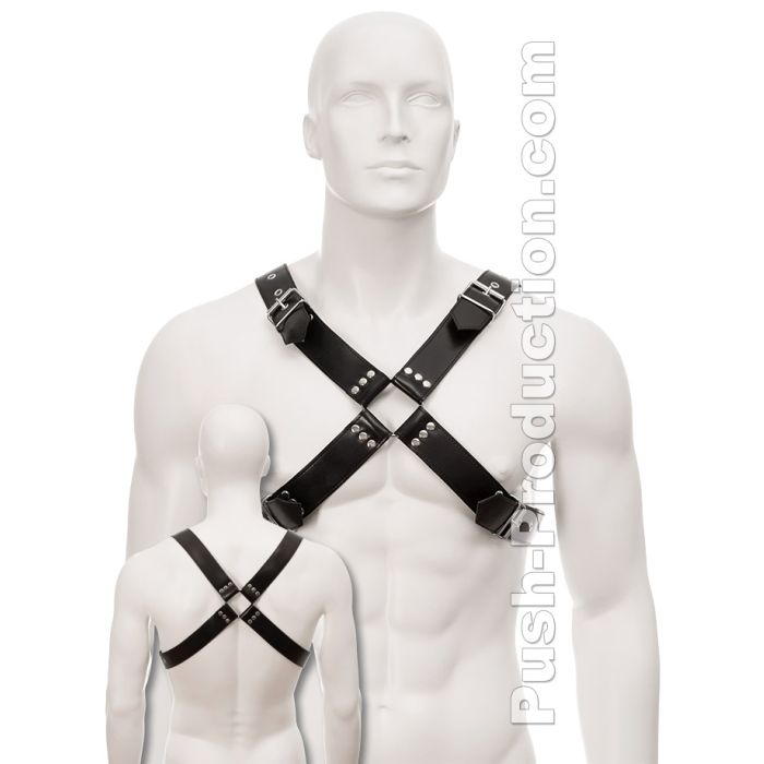 Harnais en cuir noir aux larges sangles main product photo